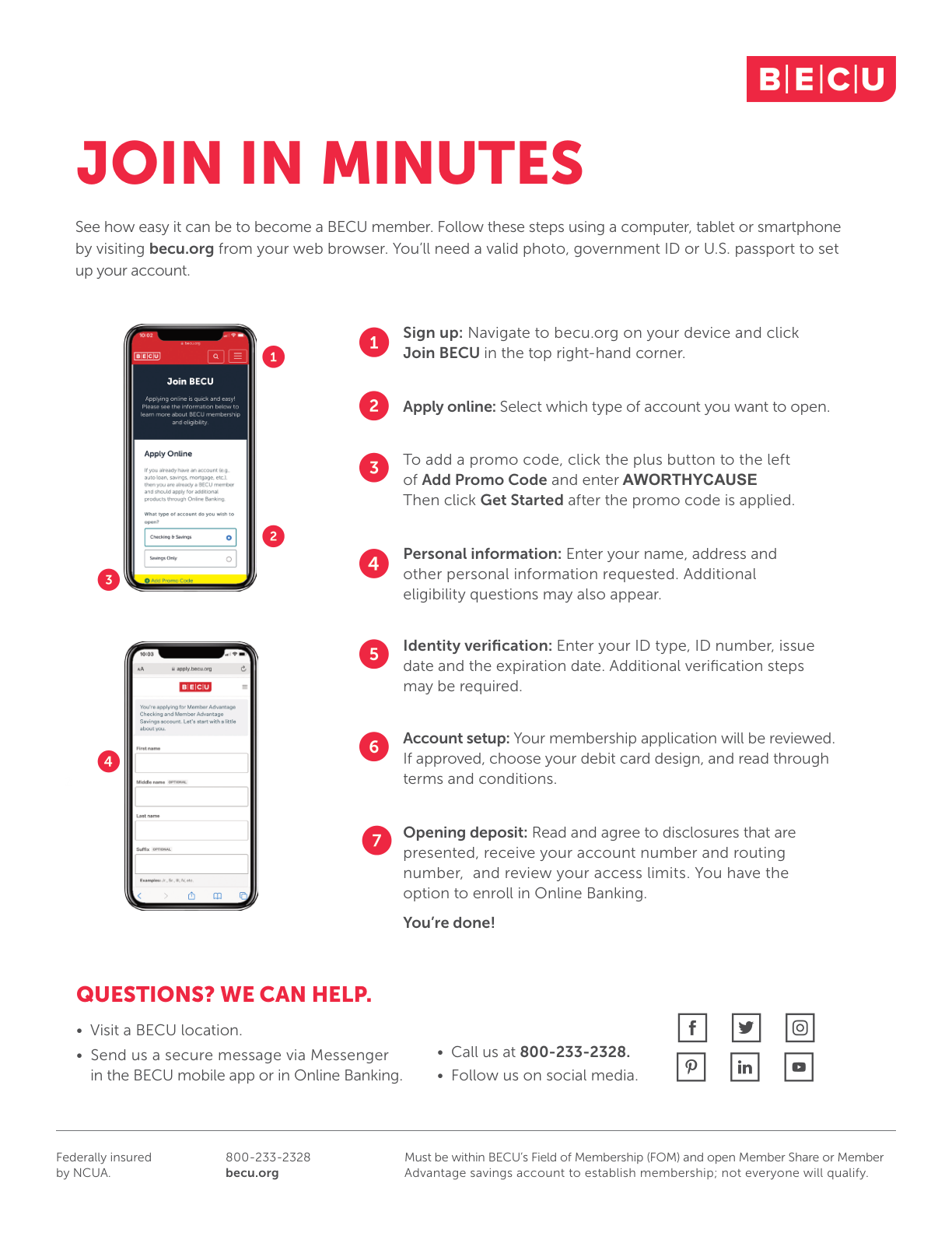 BECU Join in Minutes guide showing how to open an account and enter a promo code